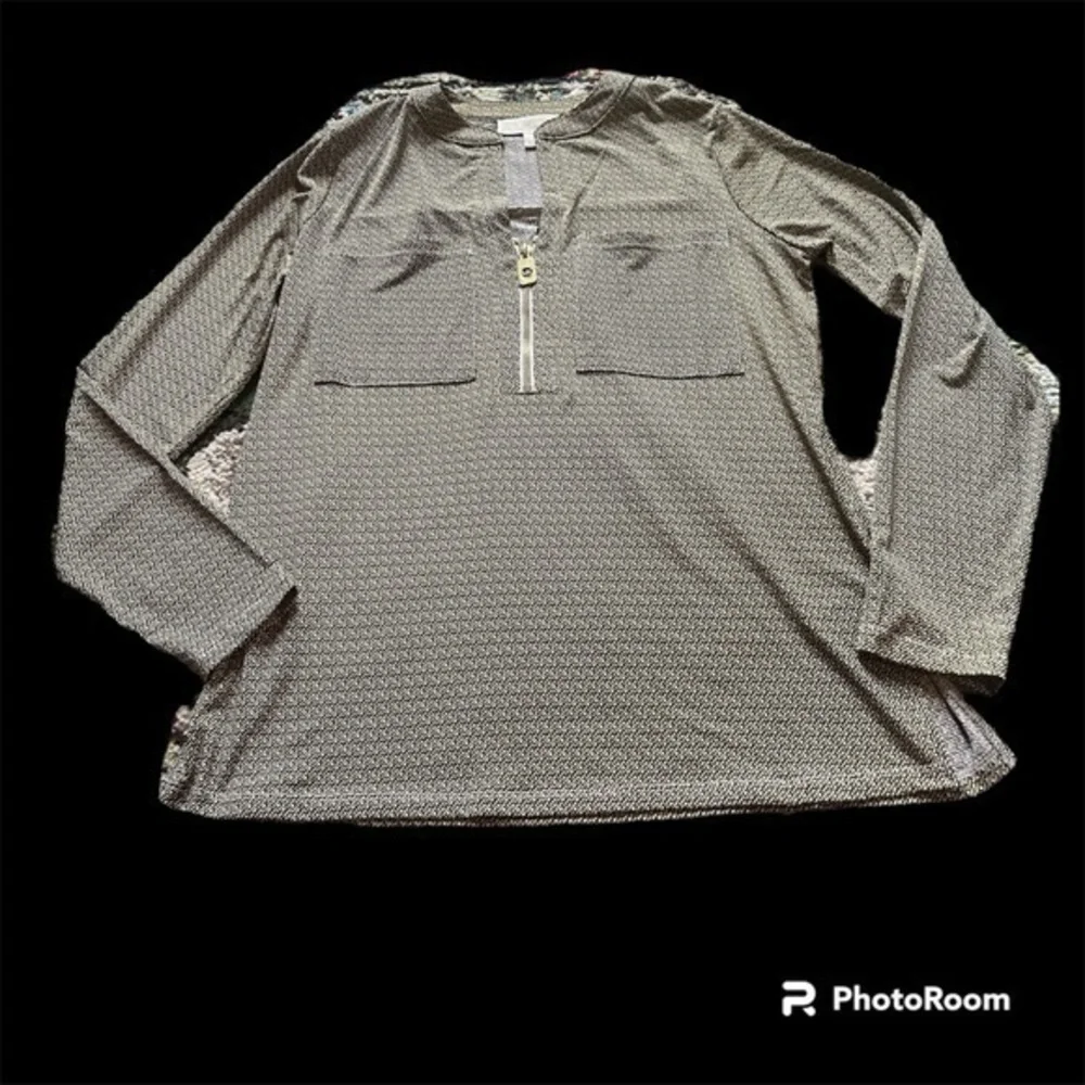 Michael Kors Gold Black Chain Link Print Half Zip Long Sleeve Blouse Medium